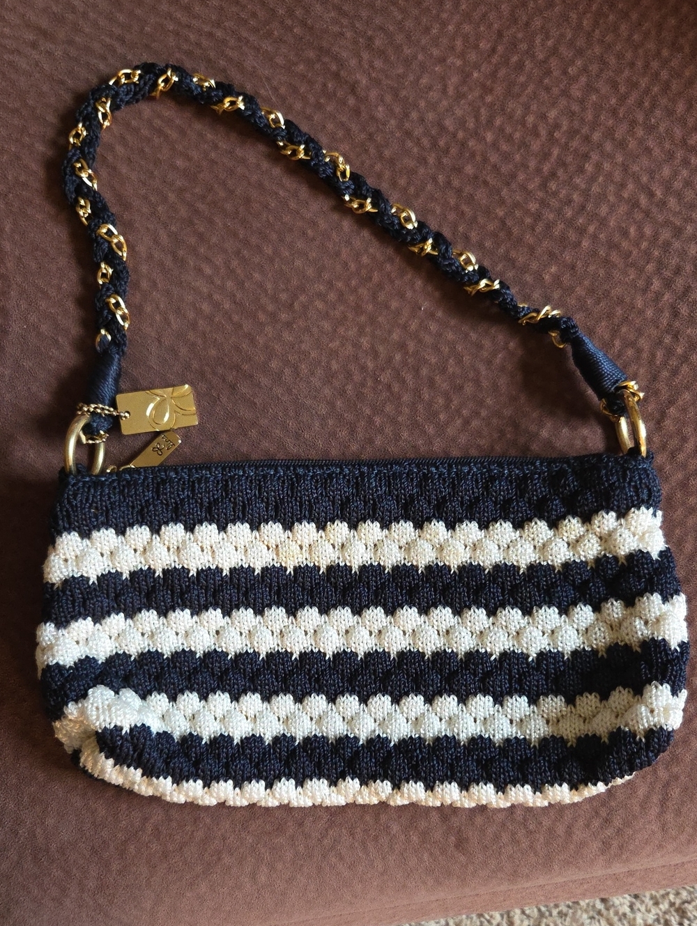 Coastal Lina Navy and Cream Striped Knit Mini Shoulder Bag with Braided Chain